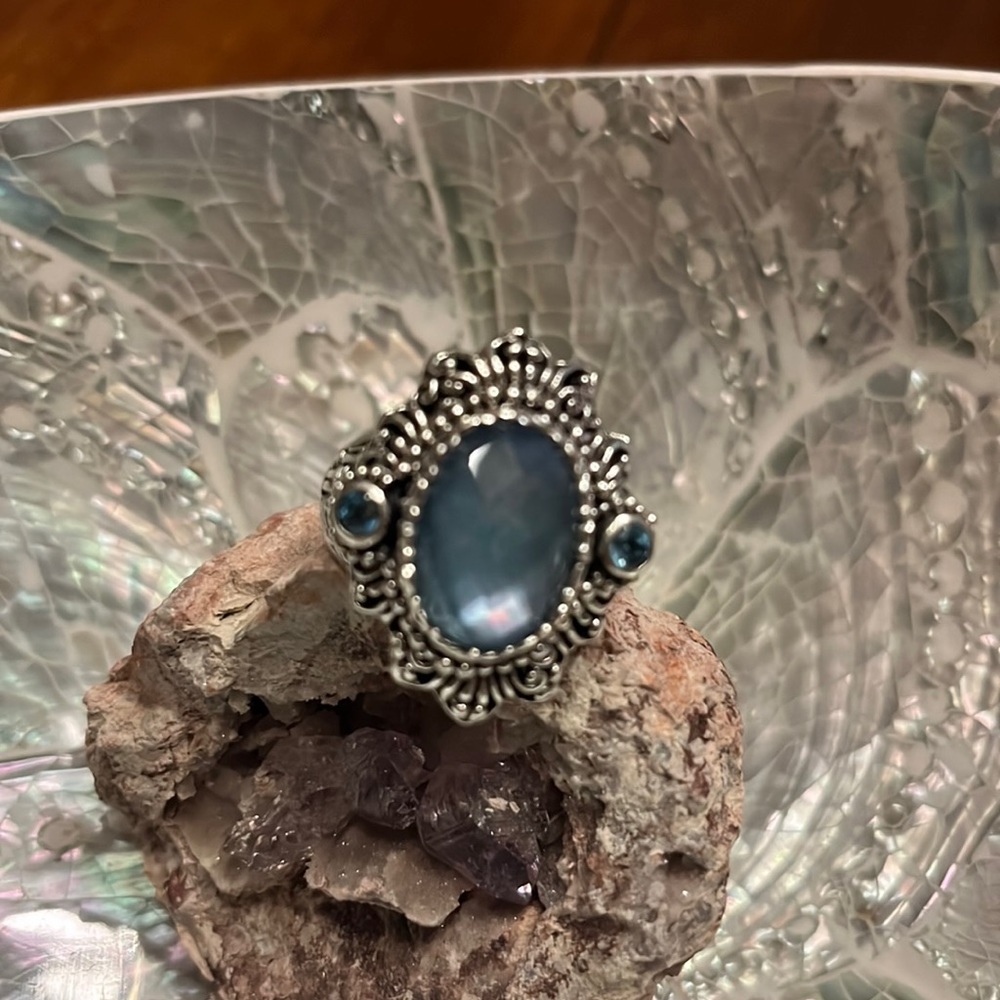 SARDA ring Sterling Silver with blue quartz mother of pearl triplet size 9